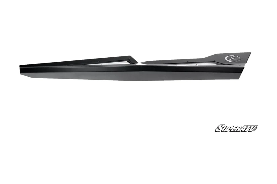 Black formed rock slider panel with a wedge profile and a lightning bolt logo, side view