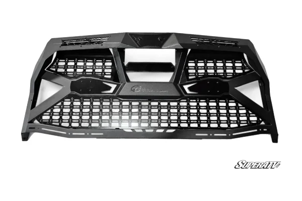 Black sculpted headache rack with mesh insert panels and an open center window, isolated on white