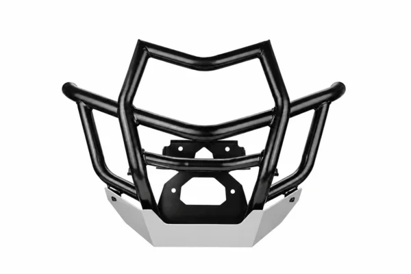 Kemimoto front bumper for the Can-Am Maverick X3, black steel tubing with an aluminium lower skid plate, shown on a plain background