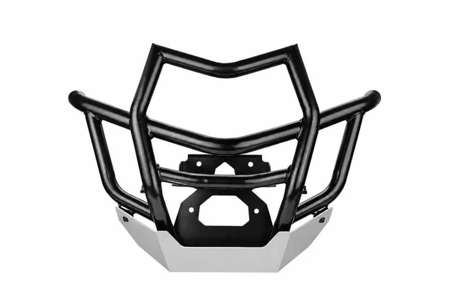 Kemimoto front bumper for the Can-Am Maverick X3, black steel tubing with an aluminium lower skid plate, shown on a plain background