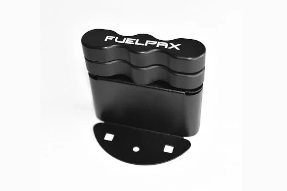 FuelpaX DLX deluxe fuel pack mount with black anodized handle on a curved base plate, angled view