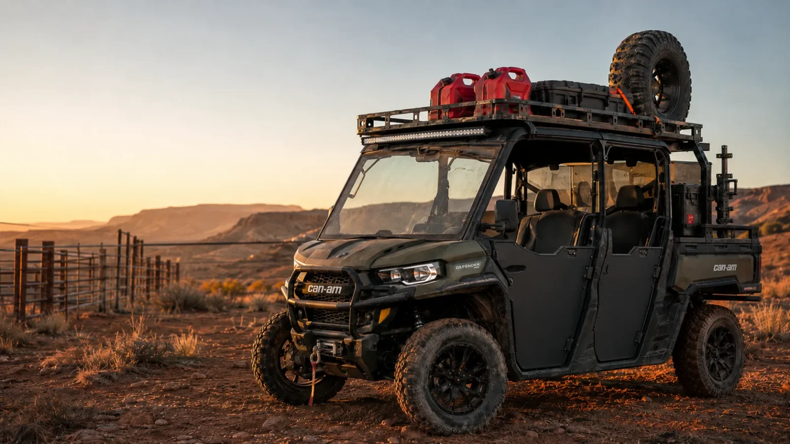 A Can-Am Defender crew work rig with a loaded roof rack, fuel cans, spare tire, winch and half doors on ranch ground at golden hour