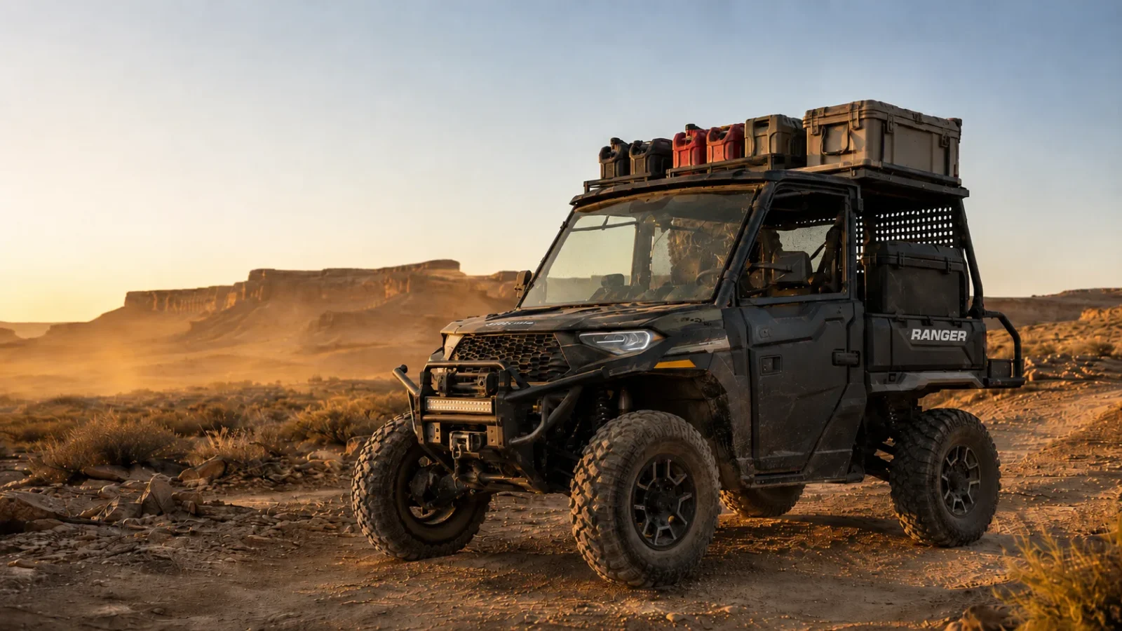 A fully accessorized Polaris Ranger XP with a loaded roof rack, fuel cans, front winch and light bar in the desert at golden hour