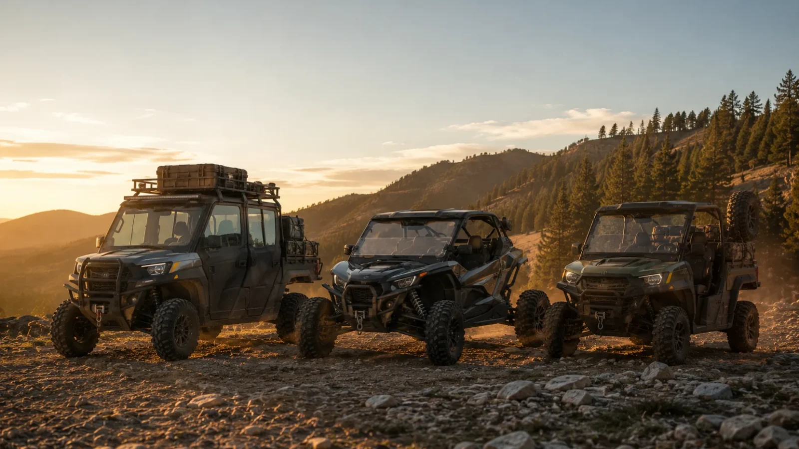 Three different types of side-by-side UTVs lined up on a mountain ridge at sunset: a work crew machine, a sport machine, and a trail machine