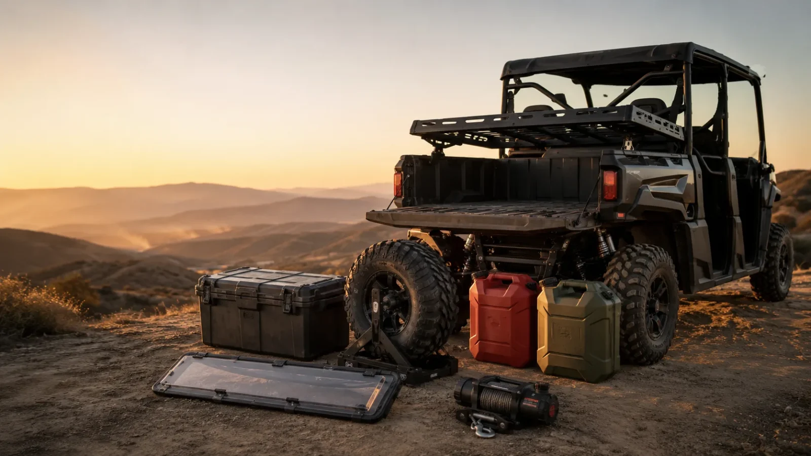 A UTV with a spread of aftermarket accessories laid out: cargo rack, storage box, spare tire, fuel cans, windshield and winch