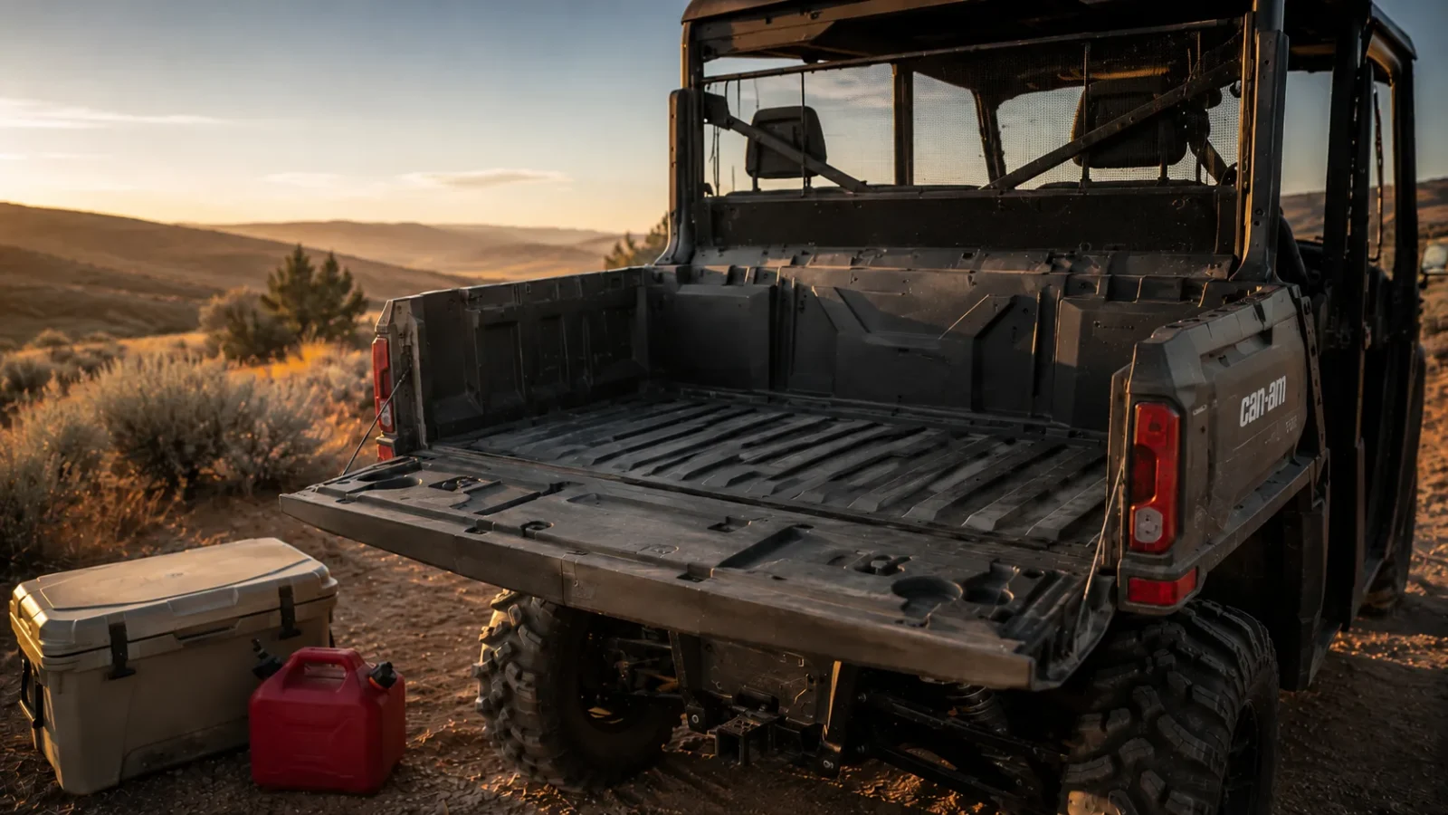 A Can-Am Defender with the tailgate down showing the empty cargo box, a cooler and fuel can staged beside it at golden hour on ranch ground