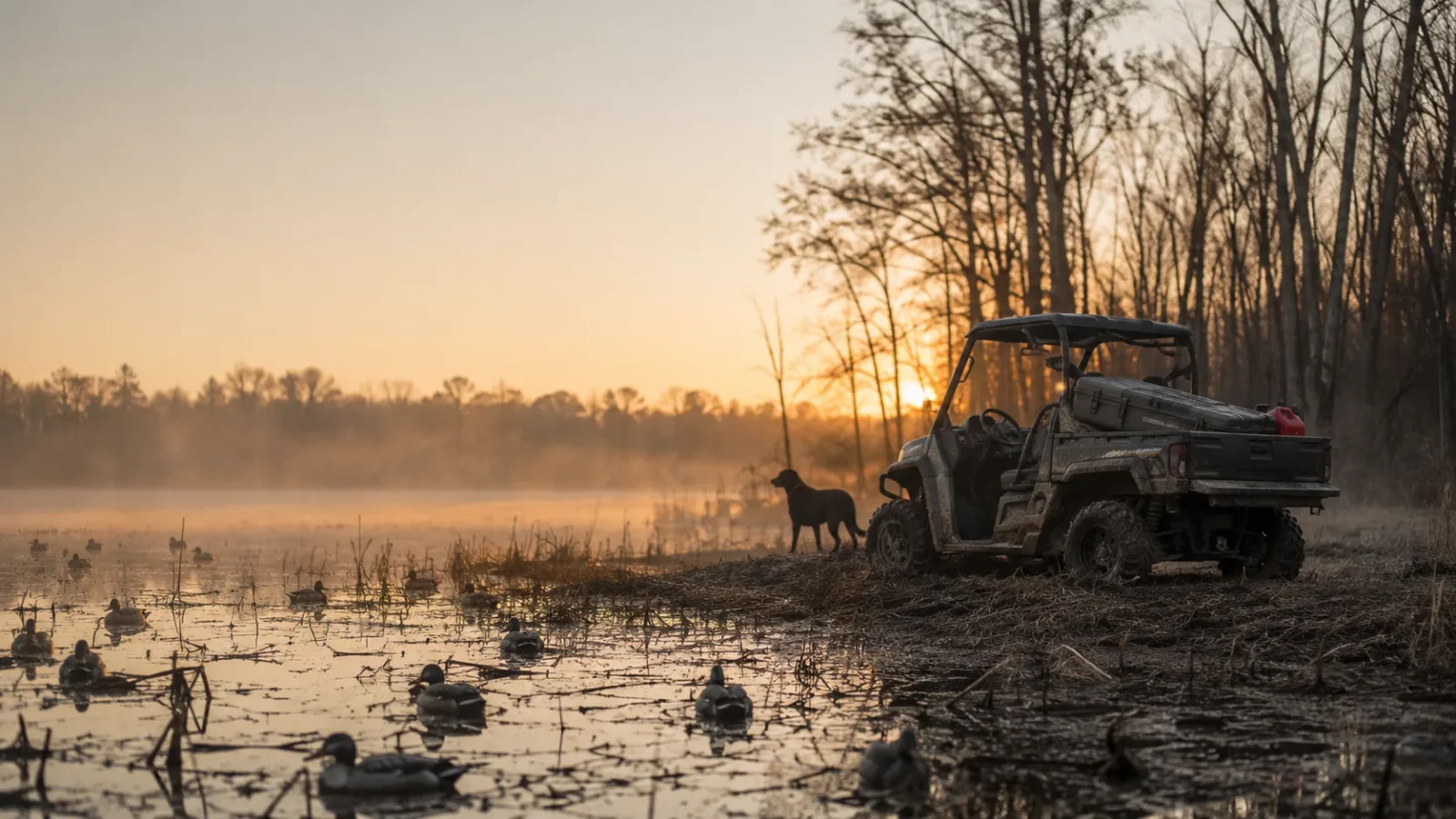 A UTV at the edge of flooded timber at dawn with duck decoys on the water and a retriever alongside