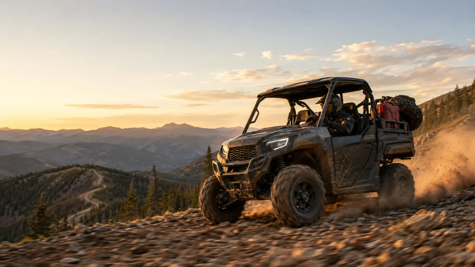 A side-by-side UTV in motion cresting a rocky ridgeline trail at golden hour, dust kicking off the tires with a mountain valley and single-track trail behind