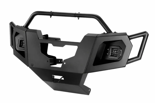 Kemimoto front bumper with integrated lights for the Honda Pioneer 1000-6, black steel, shown on a plain background