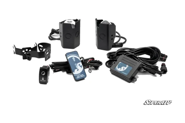 Laser whip light kit with two black beam housings, a clamp bracket, control module, wiring, rocker switch and remote