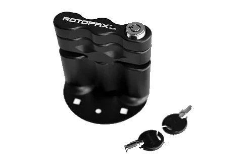 Assembled black LOX locking pack mount on its round base plate with the keyed cylinder installed and two keys alongside