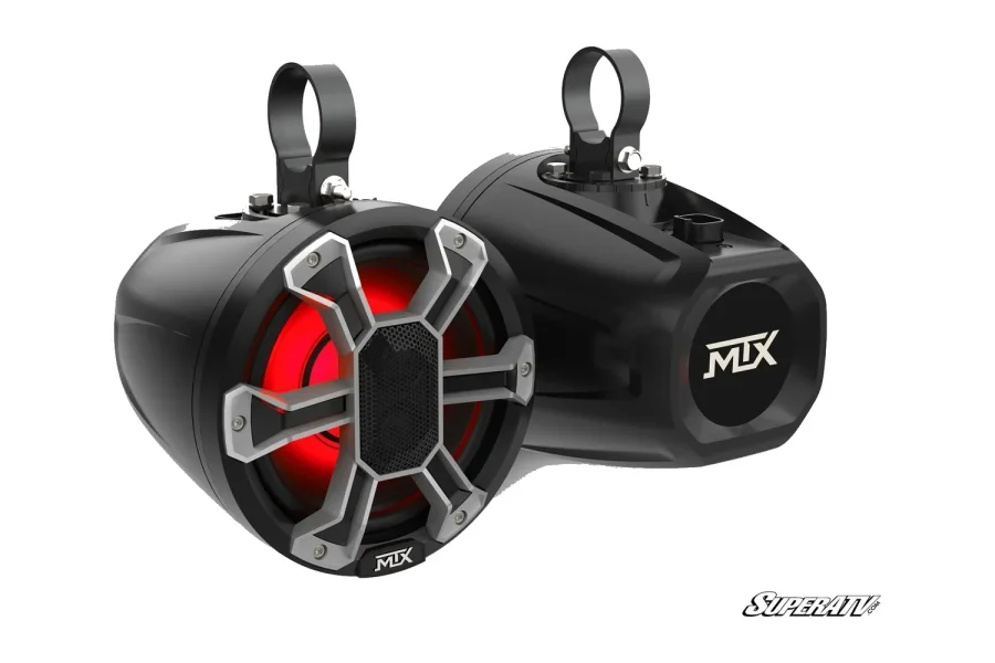 Pair of black UTV speaker pods with spoked grilles, an illuminated red cone ring, and round cage tube clamps