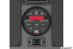 Close view of the sound bar control panel showing the round head unit, red display, mode pad, and rocker switch