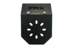 Black powder coated PAX roll bar mount bracket with slotted bolt pattern, front view