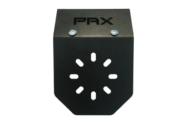 Black powder coated PAX roll bar mount bracket with slotted bolt pattern, front view