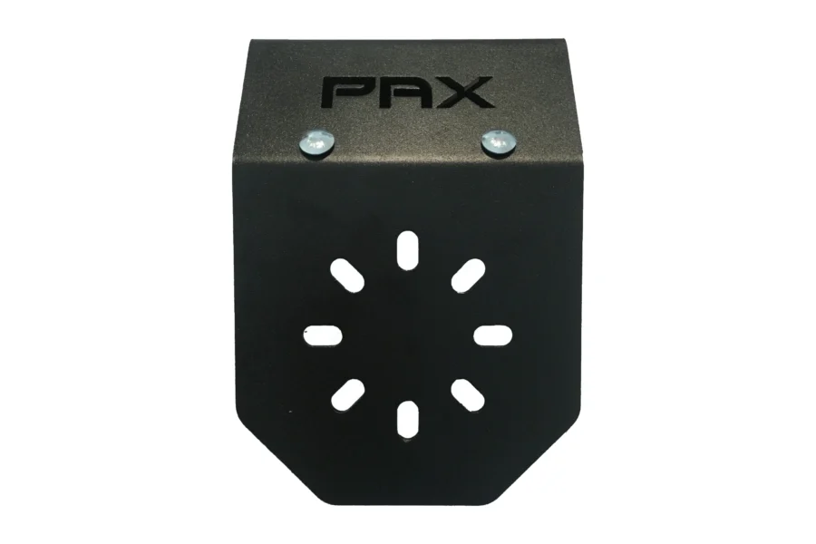 Black powder coated PAX roll bar mount bracket with slotted bolt pattern, front view