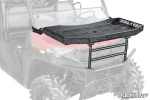 Wide black hood rack mounted over the hood of a red Polaris Ranger 1000 with tubular front legs