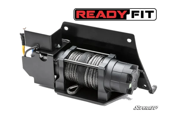 SuperATV Ready-Fit winch assembled on a black mounting plate with synthetic rope on the drum and contactor box