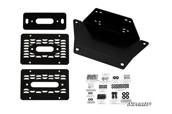 Black steel winch mounting plate kit for Polaris Ranger 1000 with vented plates, angled bracket and labeled hardware