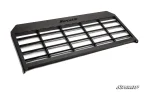 Black Polaris Ranger headache cargo rack with tubular grid guard and flat top shelf on white