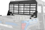 Headache cargo rack mounted on the front bed rails of a blue Polaris Ranger behind the cab