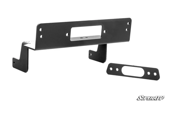 Black winch mounting bracket for Polaris Ranger Midsize with fairlead slot, shown with a separate hawse fairlead plate
