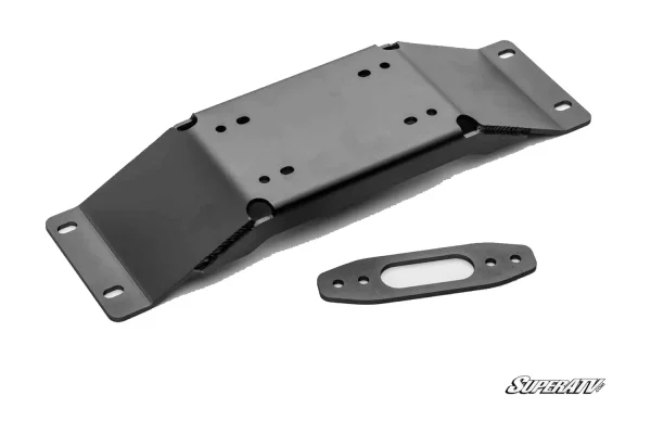 Black formed winch mounting plate for Polaris Ranger SP 570 with slotted corner ears and a separate hawse fairlead plate