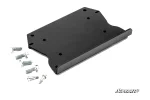 Textured black steel winch mounting plate for Polaris Ranger XD 1500 shown with zinc flange bolts and shoulder bolts