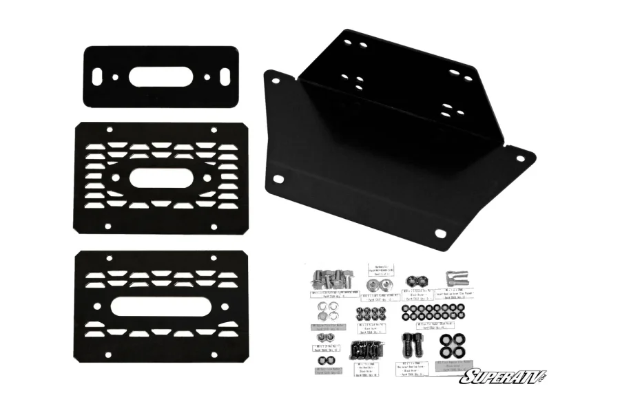 Polaris Ranger XP 570 winch mount kit: formed black bracket, hawse fairlead plate, two vented plates, labeled hardware sheet