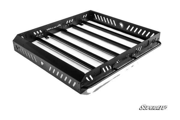 Black crew cab Outfitter roof rack shown on a white background with slotted side panels and slat floor