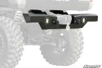 Ranger XP Kinetic rear bumper mounted on the machine with cube lights lit and a winch fitted in the center pocket