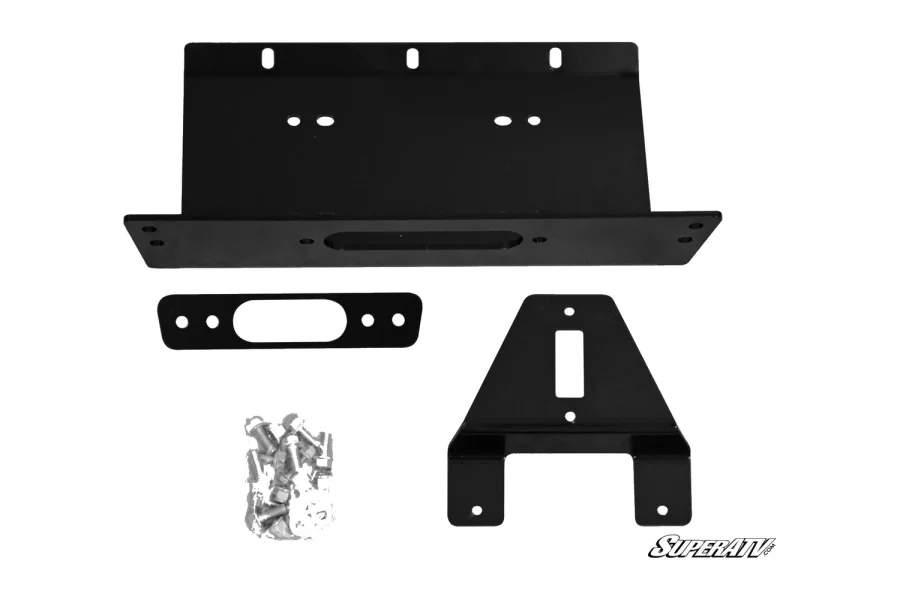 Black steel winch mount plate kit for Polaris Ranger 800 with gusset bracket, fairlead trim and bagged hardware