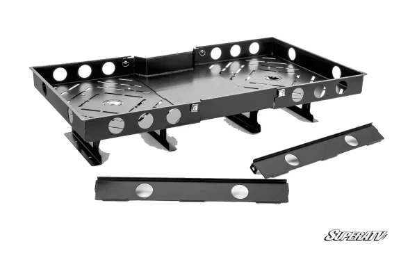 Black metal rear seat cargo rack with slotted deck panels, punched walls, legs, and two removable side rail sections