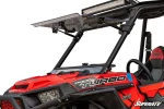 Clear flip windshield propped open on support arms above a red Polaris RZR fitted with a roof light bar