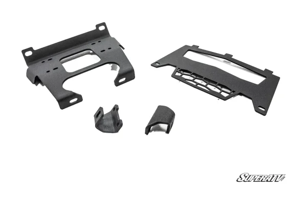 Textured black winch mount plate and vented front plate for Polaris RZR 900, shown with two chassis brackets