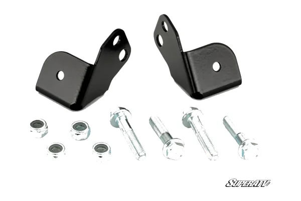 Pair of black formed steel cube light mounting brackets with flanged bolts and nylon-insert lock nuts