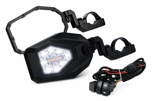 UTV LED Lighted Side Mirrors with Flowing Turn Signal for Polaris RZR/ 1.6"-2" Roll Bar, shown on a plain background