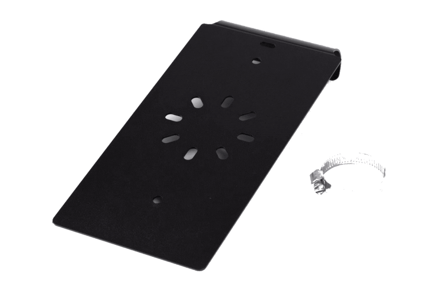 Black powder-coated RZR mounting plate at an angle with its formed edge lip and the included stainless hose clamp