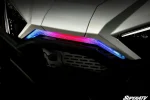 Accent light glowing blue and red along the front bodywork of a white Polaris RZR at night