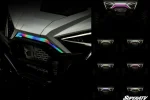 Polaris RZR Pro R front accent light shown lit on the machine, additional night view