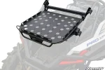 Perforated black cargo rack with crossbar and tie-down loops mounted behind a Polaris RZR cab