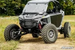 Flip windshield for the RZR Pro XP, alternate view of the hinge line and cage clamp mounts
