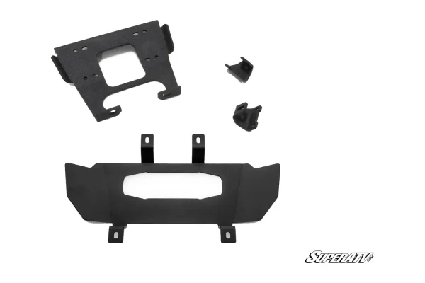Four-piece textured black steel winch mounting plate kit for Polaris RZR Trail 900 with upper plate, lower panel and brackets
