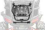 Cargo rack with slotted deck and lower tube brace mounted at the rear of a Polaris RZR
