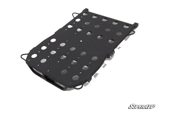 Black perforated cargo rack deck with corner tie-down loops and tubular perimeter, studio angle