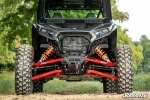 Gray Polaris RZR XP on a dirt trail with the black winch mount fitted low and centered under the front bumper