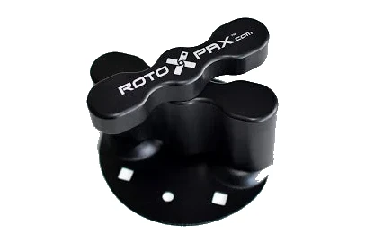Assembled black RotoPax standard pack mount with T-handle sitting on its round base plate
