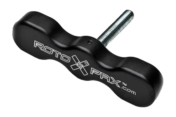 Black anodized aluminum RotoPax standard T-handle with its zinc threaded stud on a white background