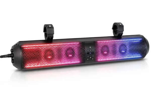 RGB UTV Soundbar, 28" SXS Speaker for Can Am Maverick X3/ RZR w/ 1.56"- 2.25" Roll Bar, shown on a plain background