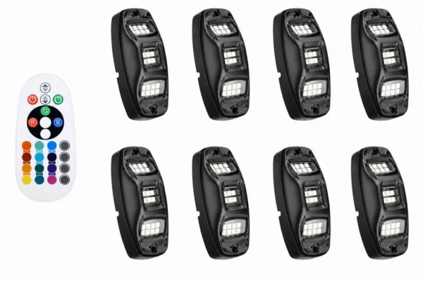 Universal 8 Pods RGB Rock Light Kit for UTV ATV Jeep Truck SUV Car, shown on a plain background